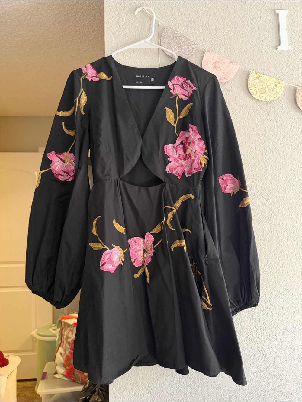 ASOS Black Long-Sleeve Dress with Pink & Gold Floral Embroidery